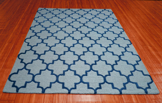 Grey Navy Moroccan Quatrefoil Trellis Hand Tufted Wool Area Rug - Cut Pile Geometric Custom Sizes