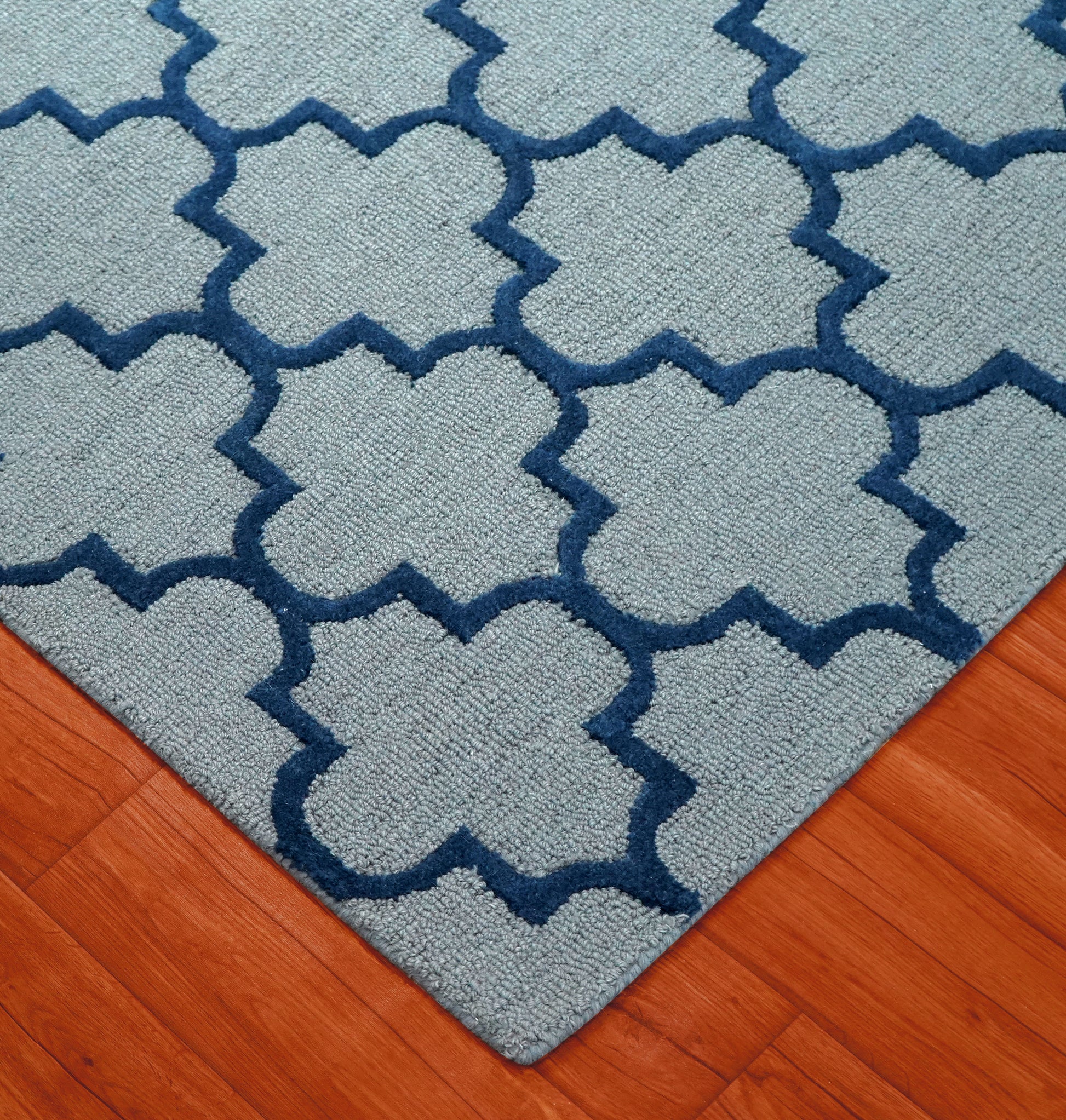 Grey Navy Moroccan Quatrefoil Trellis Hand Tufted Wool Area Rug - Cut Pile Geometric Custom Sizes