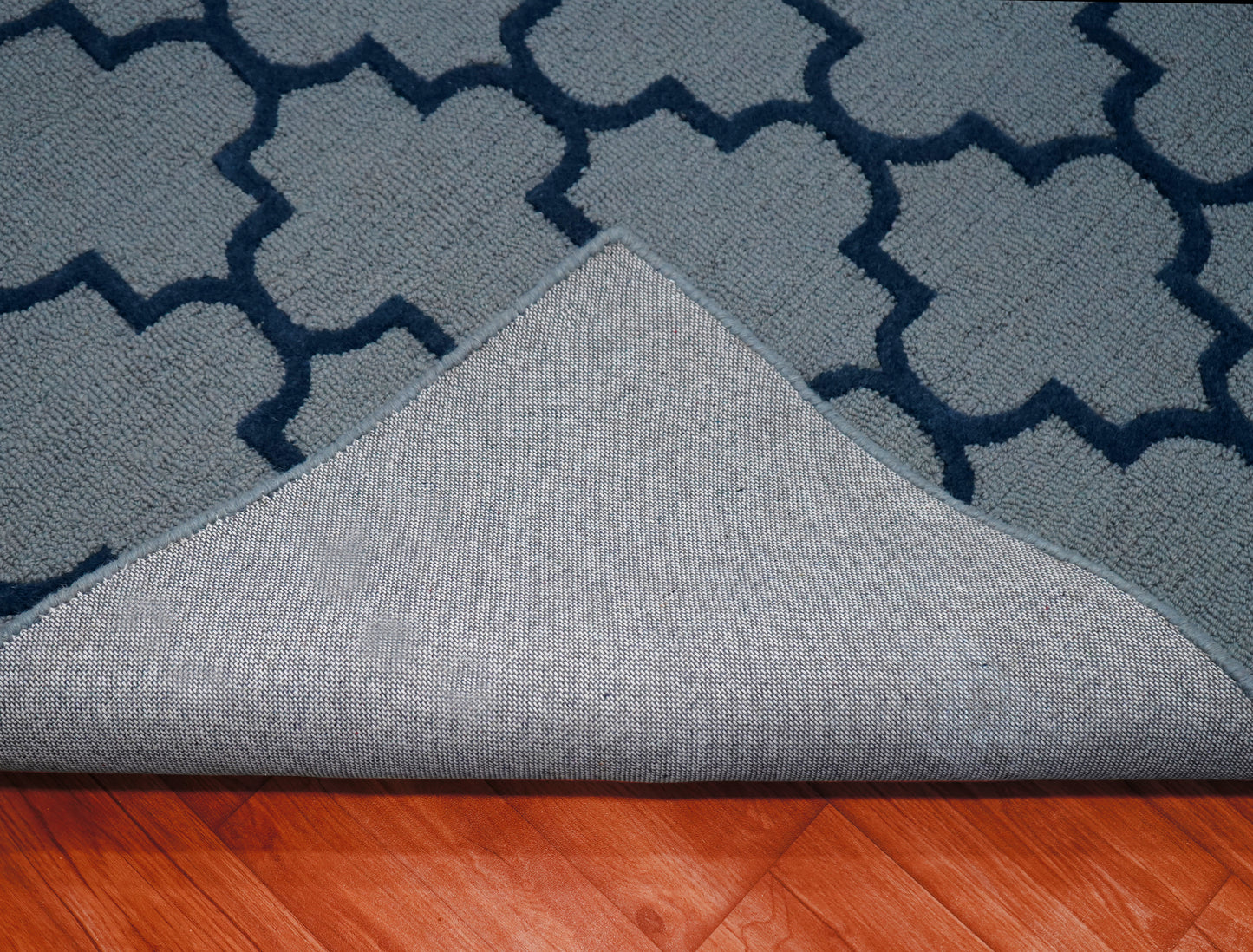 Grey Navy Moroccan Quatrefoil Trellis Hand Tufted Wool Area Rug - Cut Pile Geometric Custom Sizes