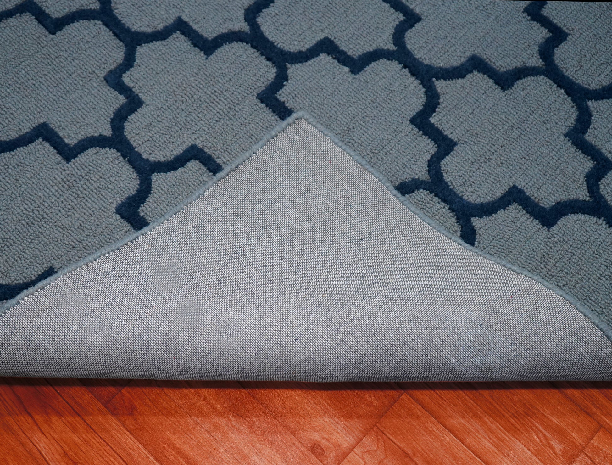 Grey Navy Moroccan Quatrefoil Trellis Hand Tufted Wool Area Rug - Cut Pile Geometric Custom Sizes