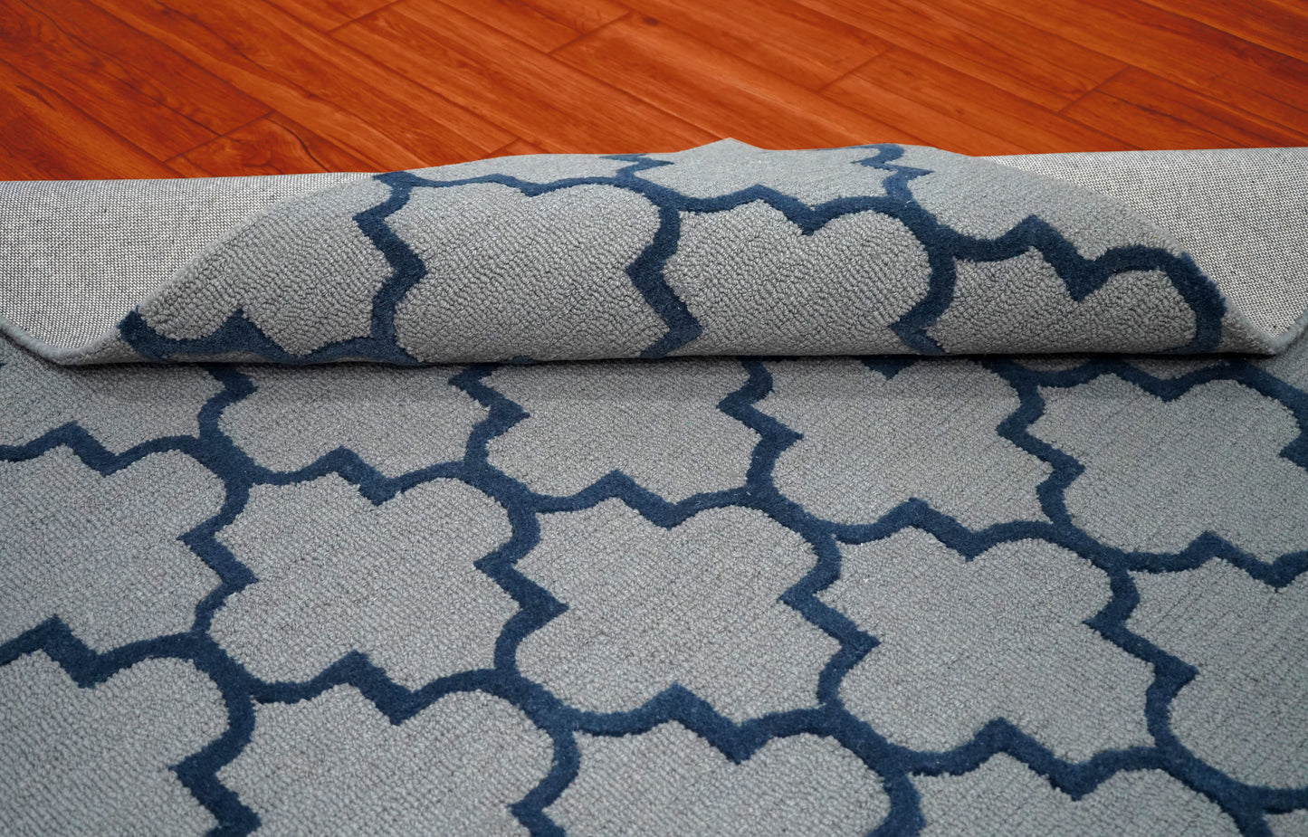 Grey Navy Moroccan Quatrefoil Trellis Hand Tufted Wool Area Rug - Cut Pile Geometric Custom Sizes
