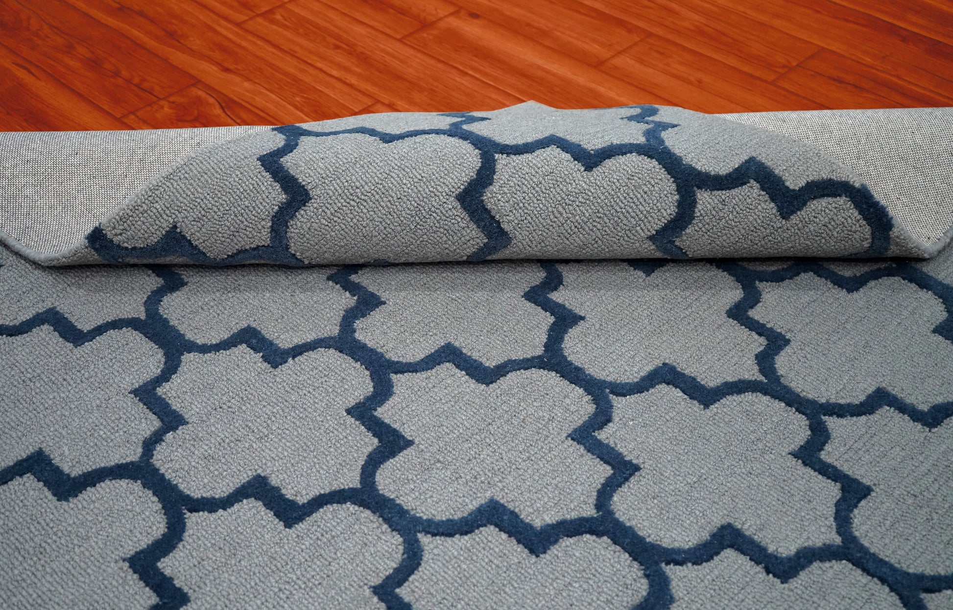 Grey Navy Moroccan Quatrefoil Trellis Hand Tufted Wool Area Rug - Cut Pile Geometric Custom Sizes