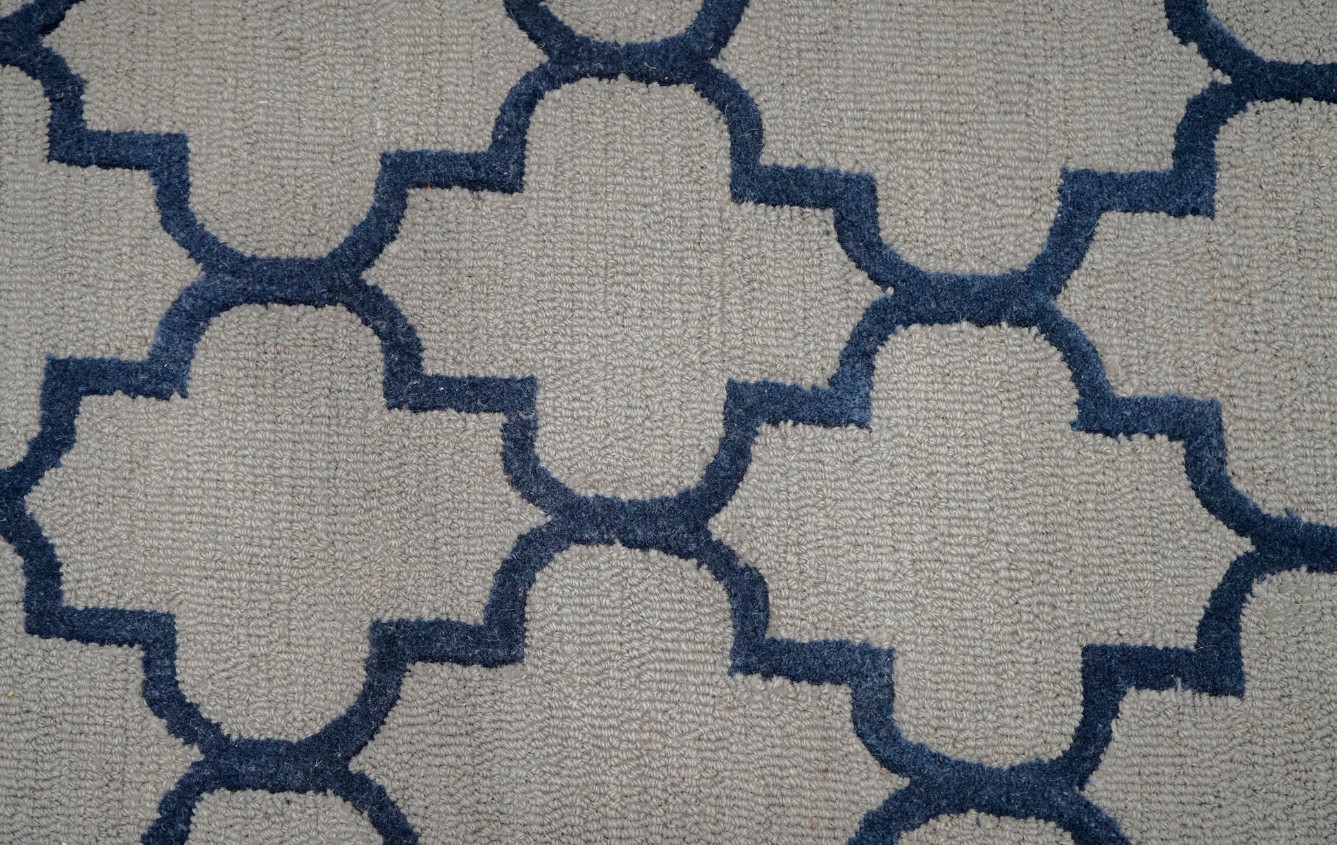 Grey Navy Moroccan Quatrefoil Trellis Hand Tufted Wool Area Rug - Cut Pile Geometric Custom Sizes