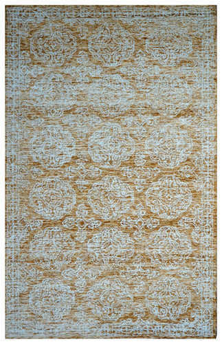 Gold Aqua Vintage Damask Distressed Hand Tufted Wool Area Rug - Cut Pile Shabby Chic Custom Sizes