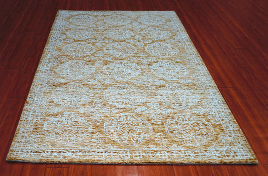 Gold Aqua Vintage Damask Distressed Hand Tufted Wool Area Rug - Cut Pile Shabby Chic Custom Sizes