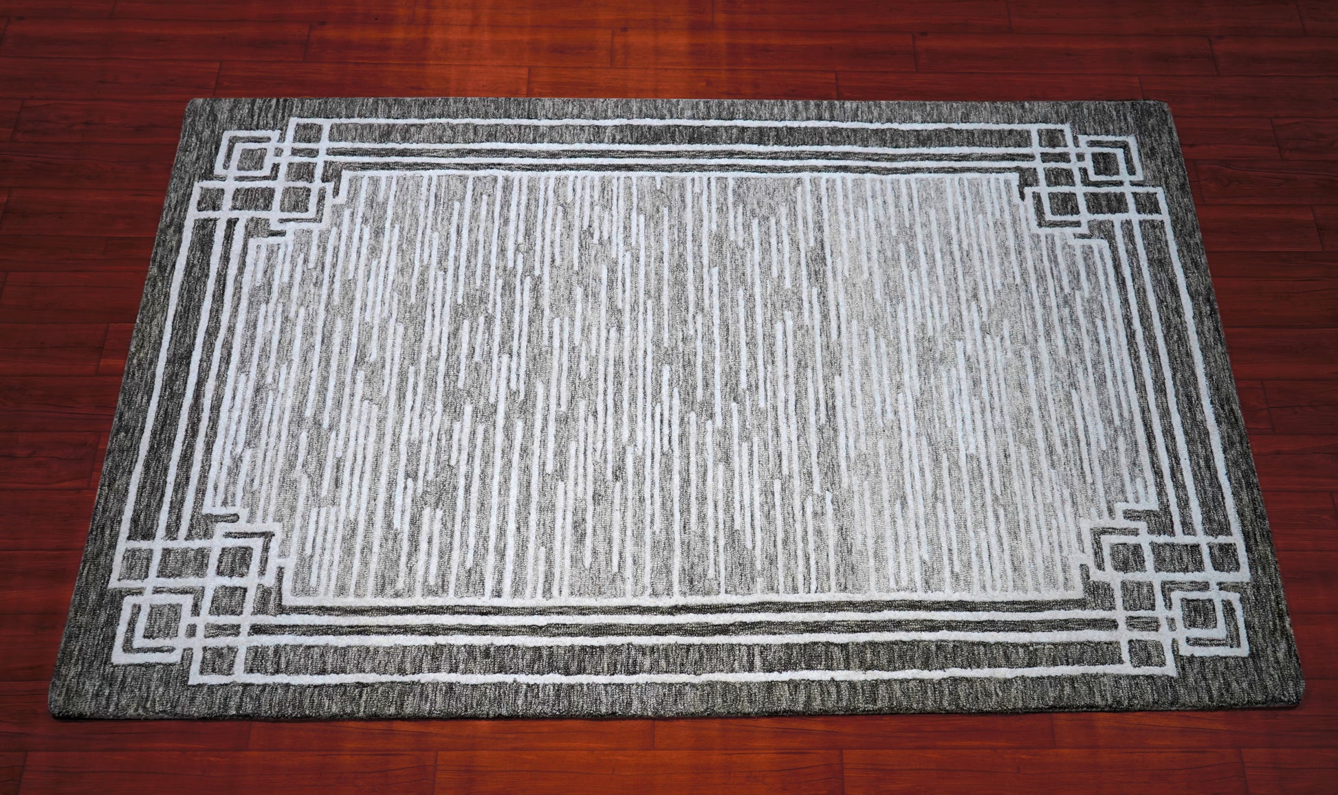 Grey White Greek Key Border Hand Tufted Wool Area Rug - Cut Pile Geometric Custom Sizes