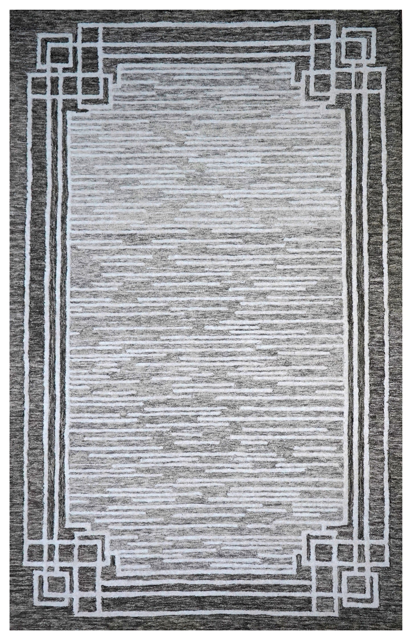 Grey White Greek Key Border Hand Tufted Wool Area Rug - Cut Pile Geometric Custom Sizes