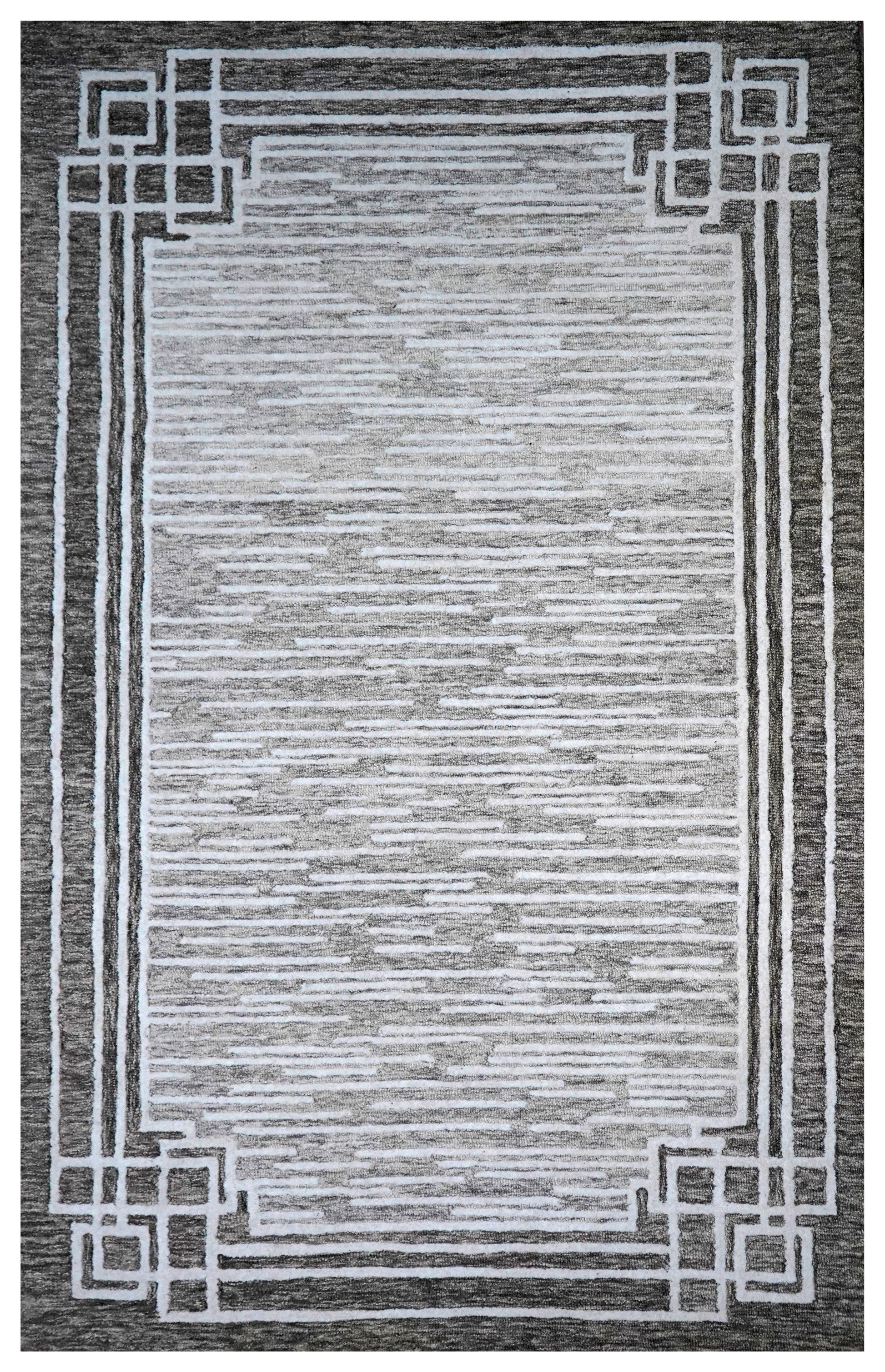 Grey White Greek Key Border Hand Tufted Wool Area Rug - Cut Pile Geometric Custom Sizes