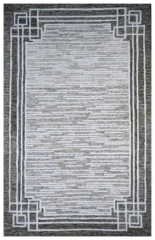 Grey White Greek Key Border Hand Tufted Wool Area Rug - Cut Pile Geometric Custom Sizes