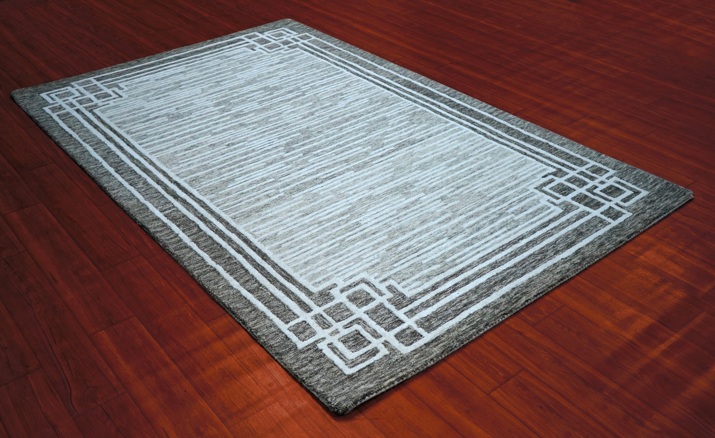 Grey White Greek Key Border Hand Tufted Wool Area Rug - Cut Pile Geometric Custom Sizes