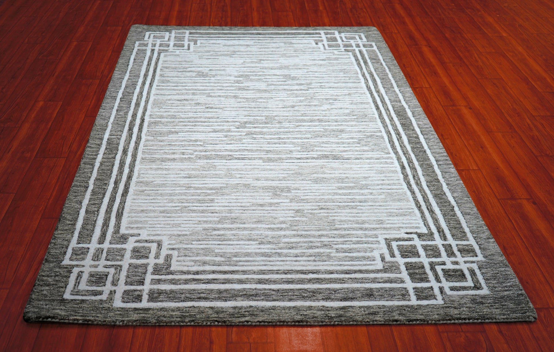 Grey White Greek Key Border Hand Tufted Wool Area Rug - Cut Pile Geometric Custom Sizes