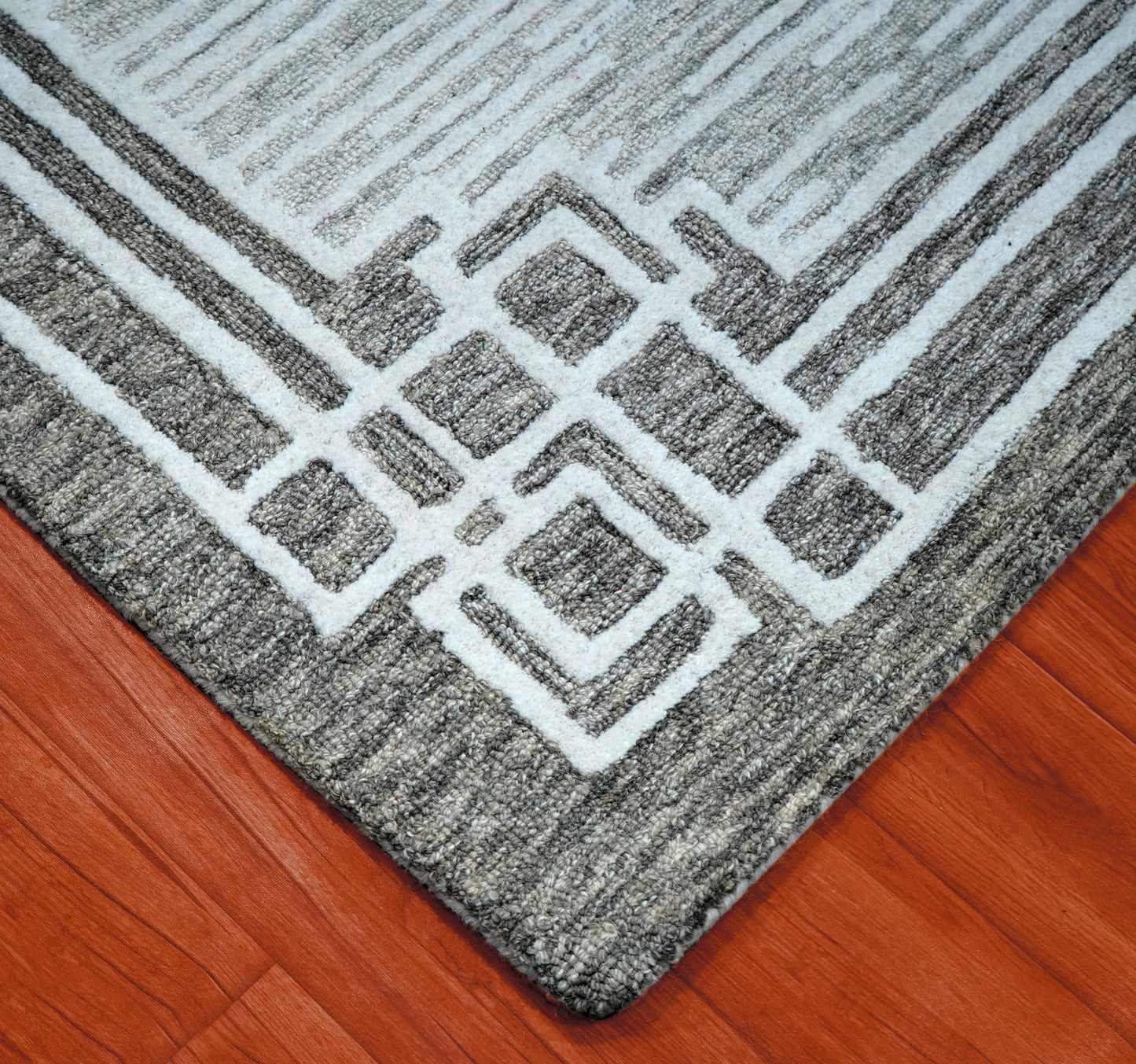 Grey White Greek Key Border Hand Tufted Wool Area Rug - Cut Pile Geometric Custom Sizes