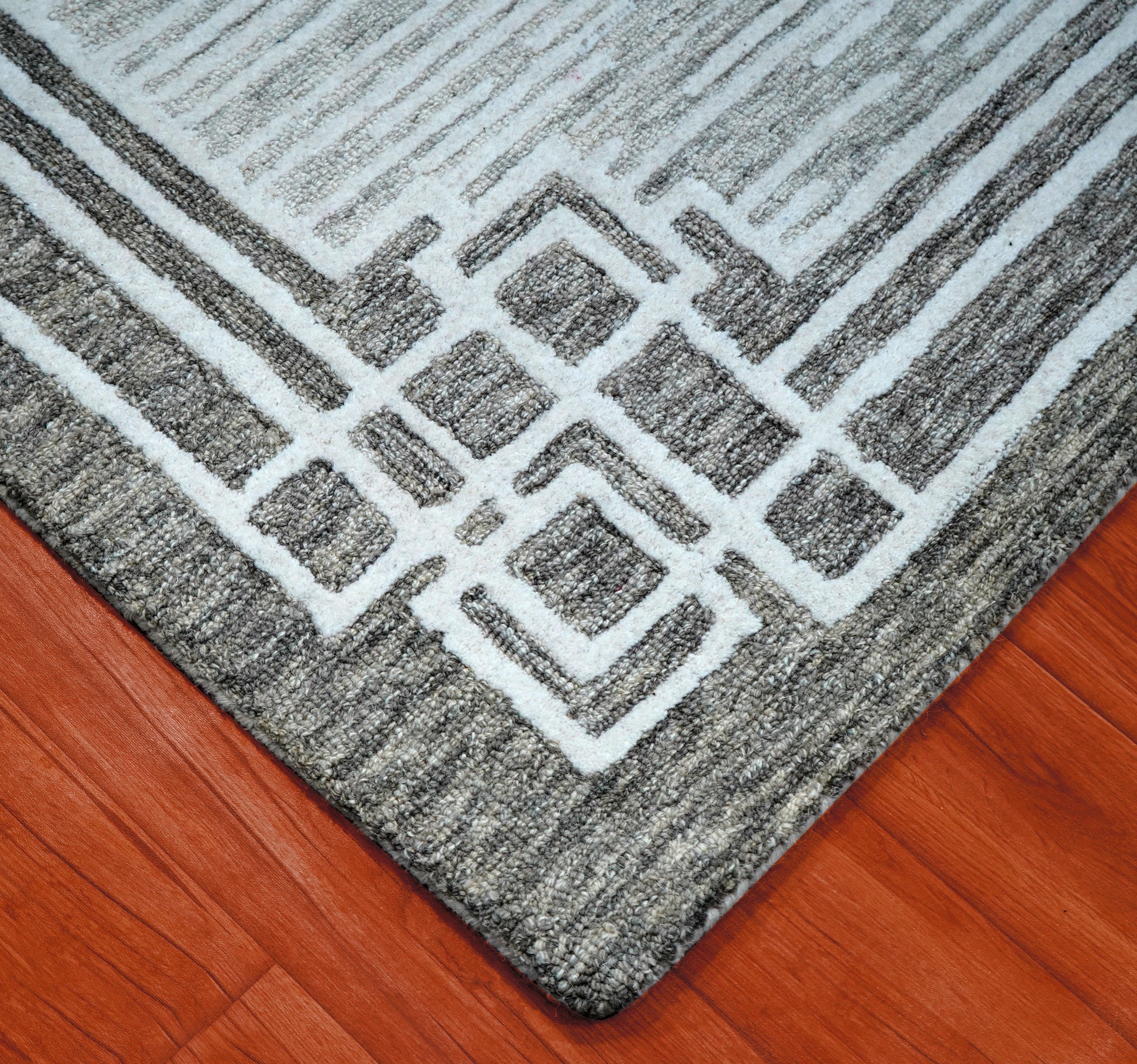 Grey White Greek Key Border Hand Tufted Wool Area Rug - Cut Pile Geometric Custom Sizes