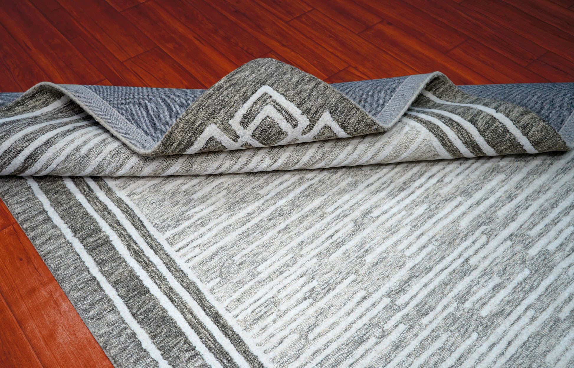 Grey White Greek Key Border Hand Tufted Wool Area Rug - Cut Pile Geometric Custom Sizes