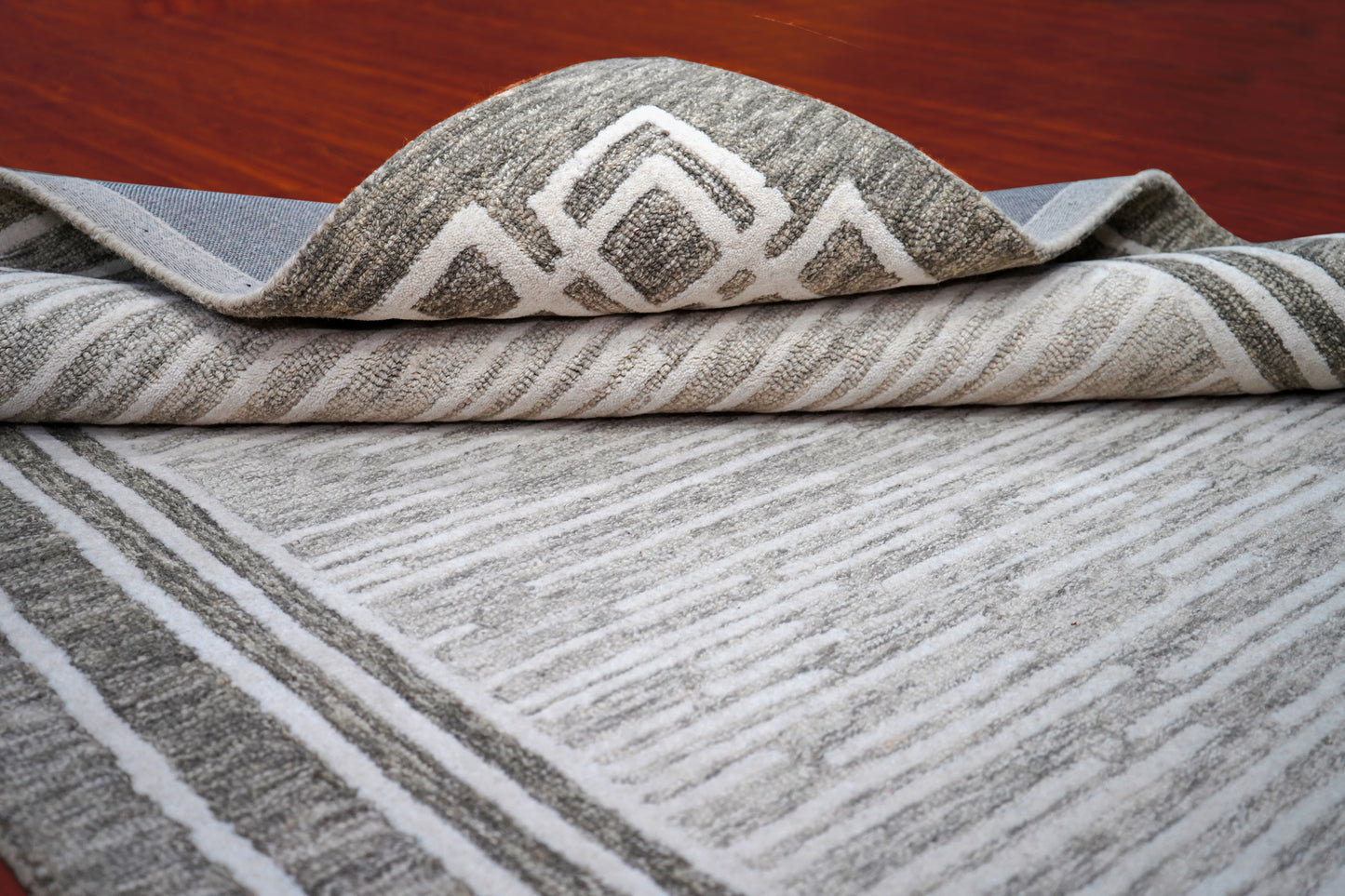Grey White Greek Key Border Hand Tufted Wool Area Rug - Cut Pile Geometric Custom Sizes