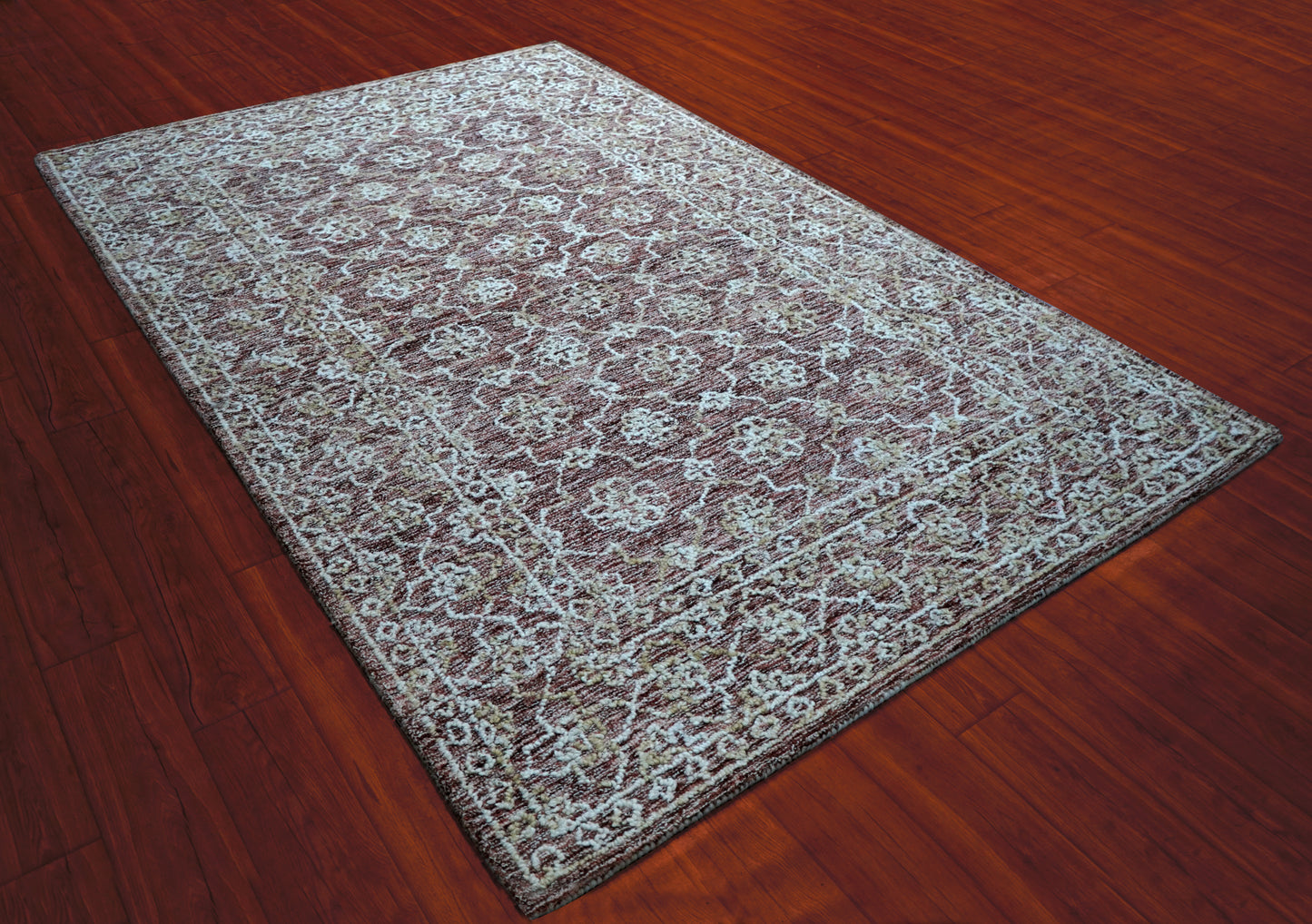 Grey Brown Vintage Distressed Floral Hand Tufted Wool Area Rug - Cut Pile Shabby Chic Custom Sizes