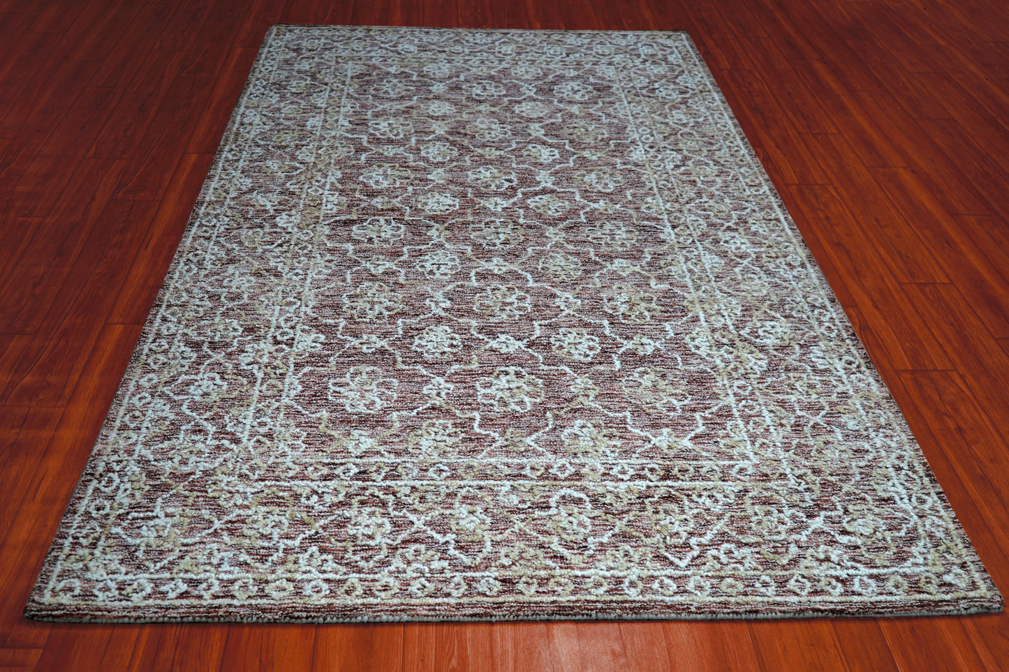 Grey Brown Vintage Distressed Floral Hand Tufted Wool Area Rug - Cut Pile Shabby Chic Custom Sizes