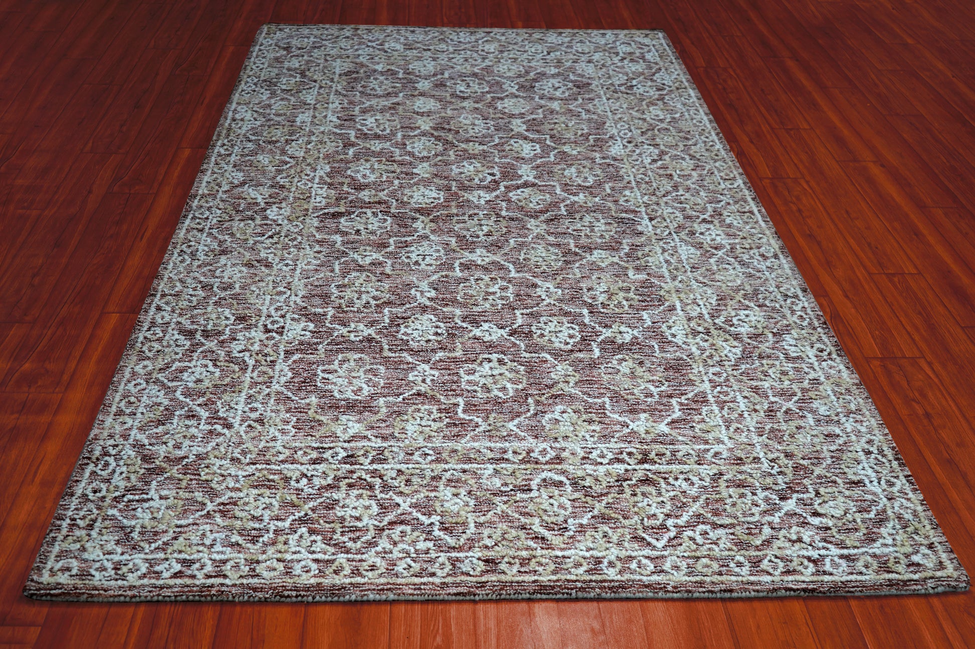 Grey Brown Vintage Distressed Floral Hand Tufted Wool Area Rug - Cut Pile Shabby Chic Custom Sizes