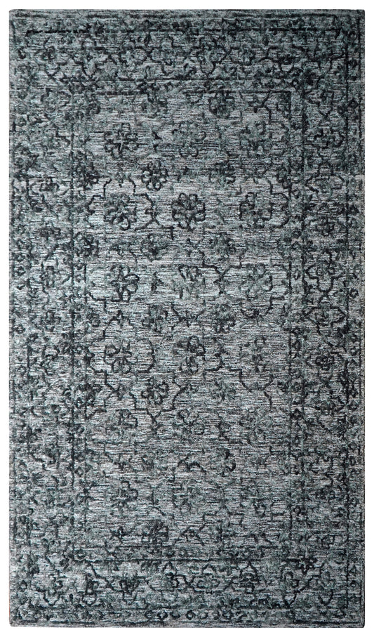 Grey Teal Vintage Distressed Hand Tufted Wool Area Rug - Cut Pile Shabby Chic Custom Sizes