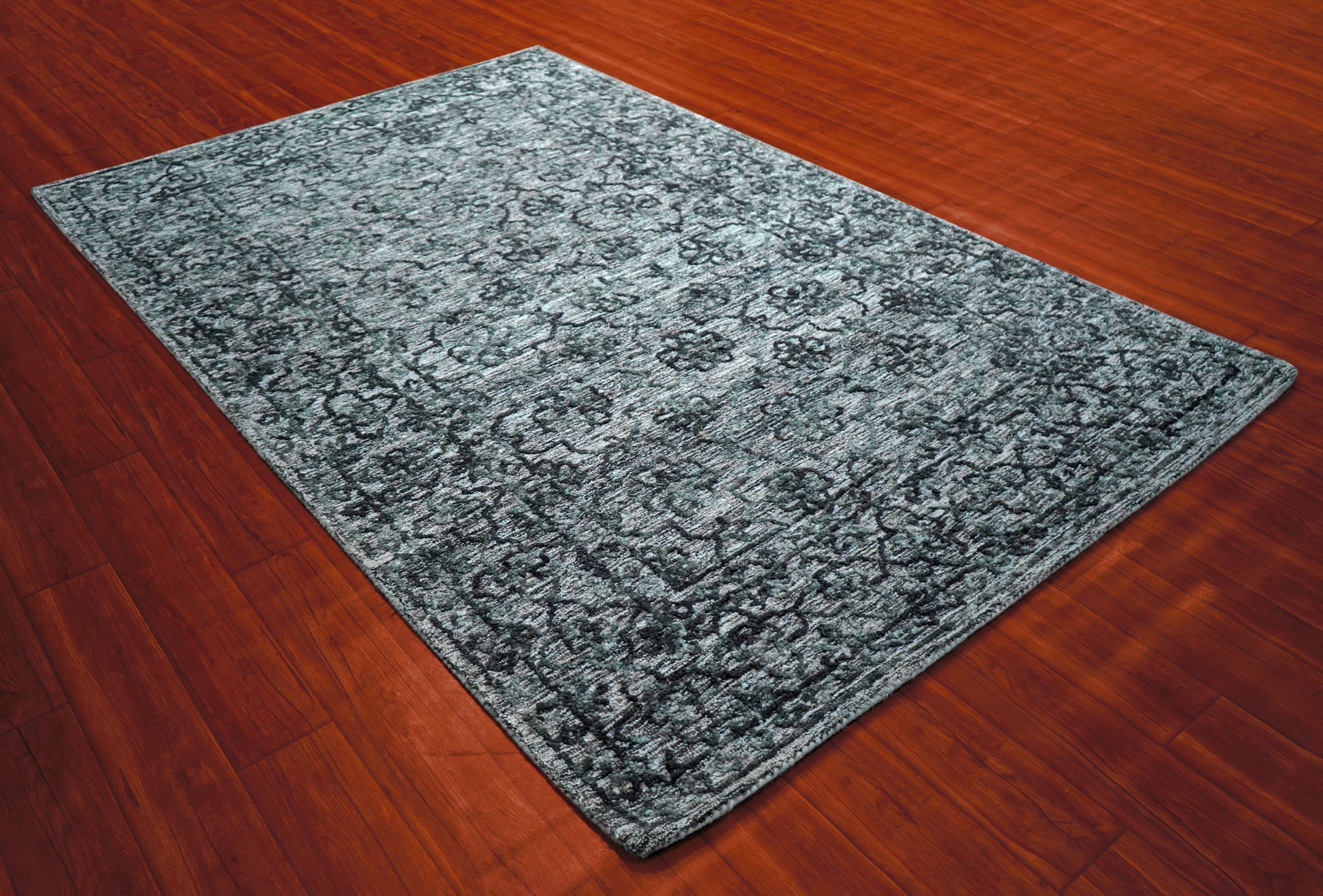 Grey Teal Vintage Distressed Hand Tufted Wool Area Rug - Cut Pile Shabby Chic Custom Sizes