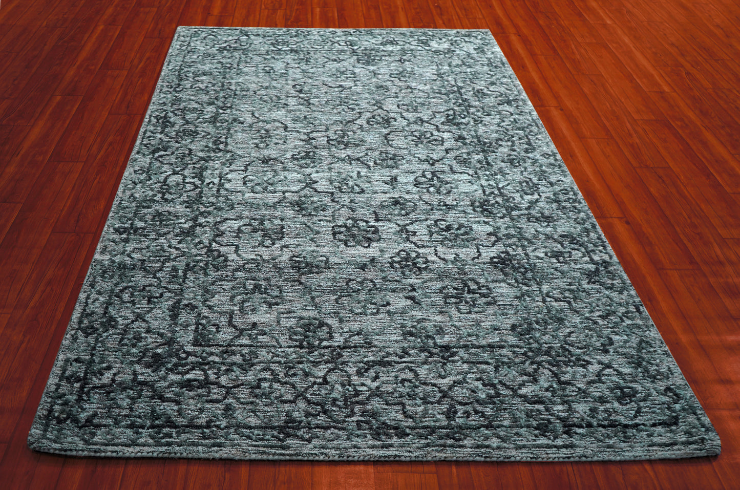 Grey Teal Vintage Distressed Hand Tufted Wool Area Rug - Cut Pile Shabby Chic Custom Sizes