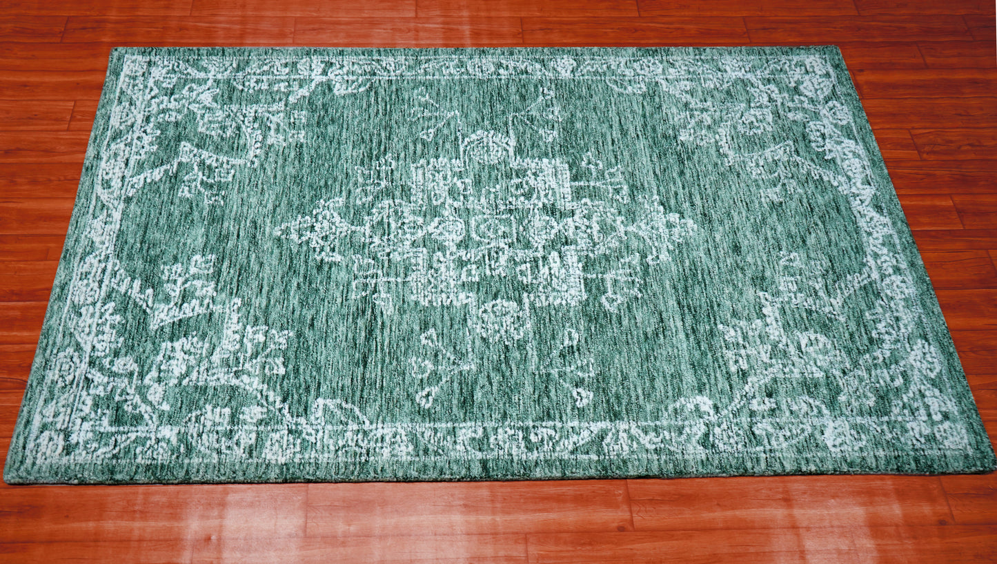 Teal Green Vintage Distressed Hand Tufted Wool Area Rug - Cut Pile Shabby Chic Custom Sizes