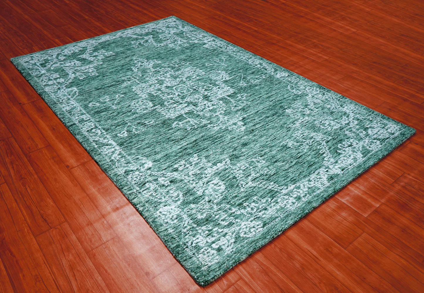 Teal Green Vintage Distressed Hand Tufted Wool Area Rug - Cut Pile Shabby Chic Custom Sizes