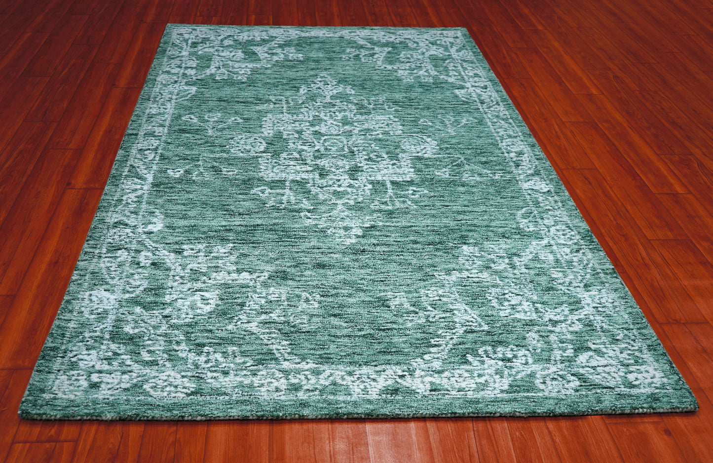 Teal Green Vintage Distressed Hand Tufted Wool Area Rug - Cut Pile Shabby Chic Custom Sizes
