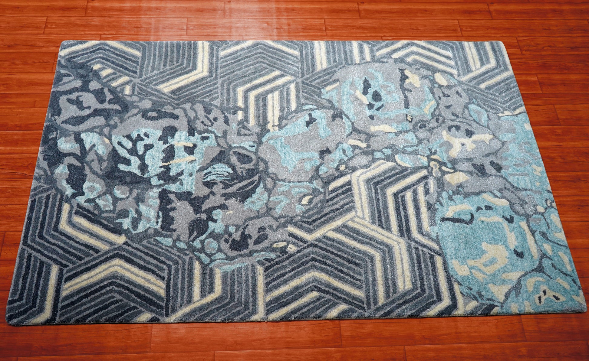 Blue Teal Abstract Chevron Floral Hand Tufted Wool Area Rug - Cut Pile Contemporary Custom Sizes
