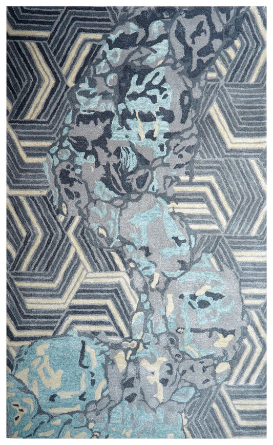 Blue Teal Abstract Chevron Floral Hand Tufted Wool Area Rug - Cut Pile Contemporary Custom Sizes