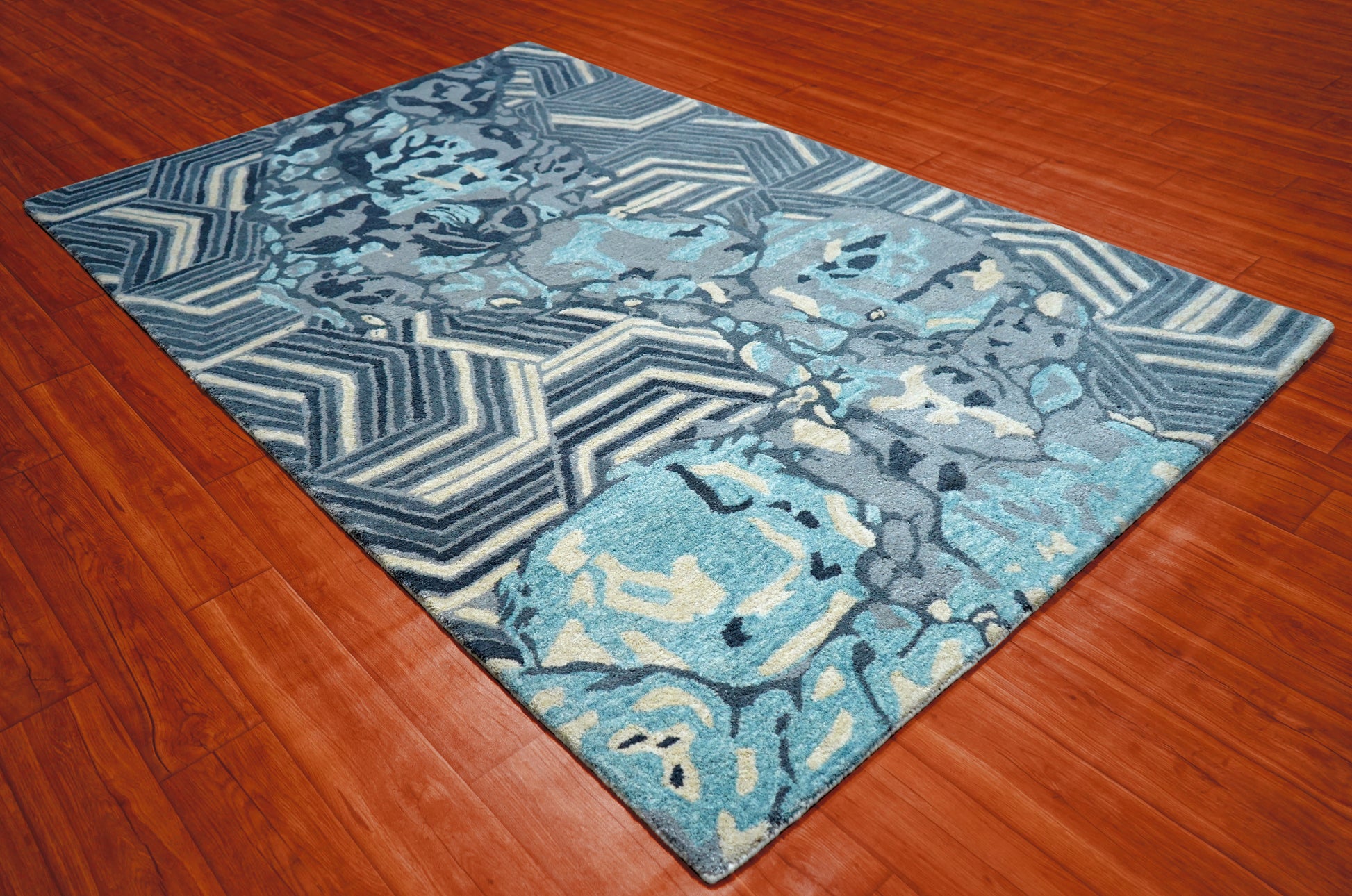 Blue Teal Abstract Chevron Floral Hand Tufted Wool Area Rug - Cut Pile Contemporary Custom Sizes