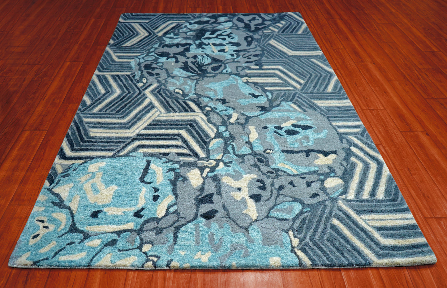 Blue Teal Abstract Chevron Floral Hand Tufted Wool Area Rug - Cut Pile Contemporary Custom Sizes