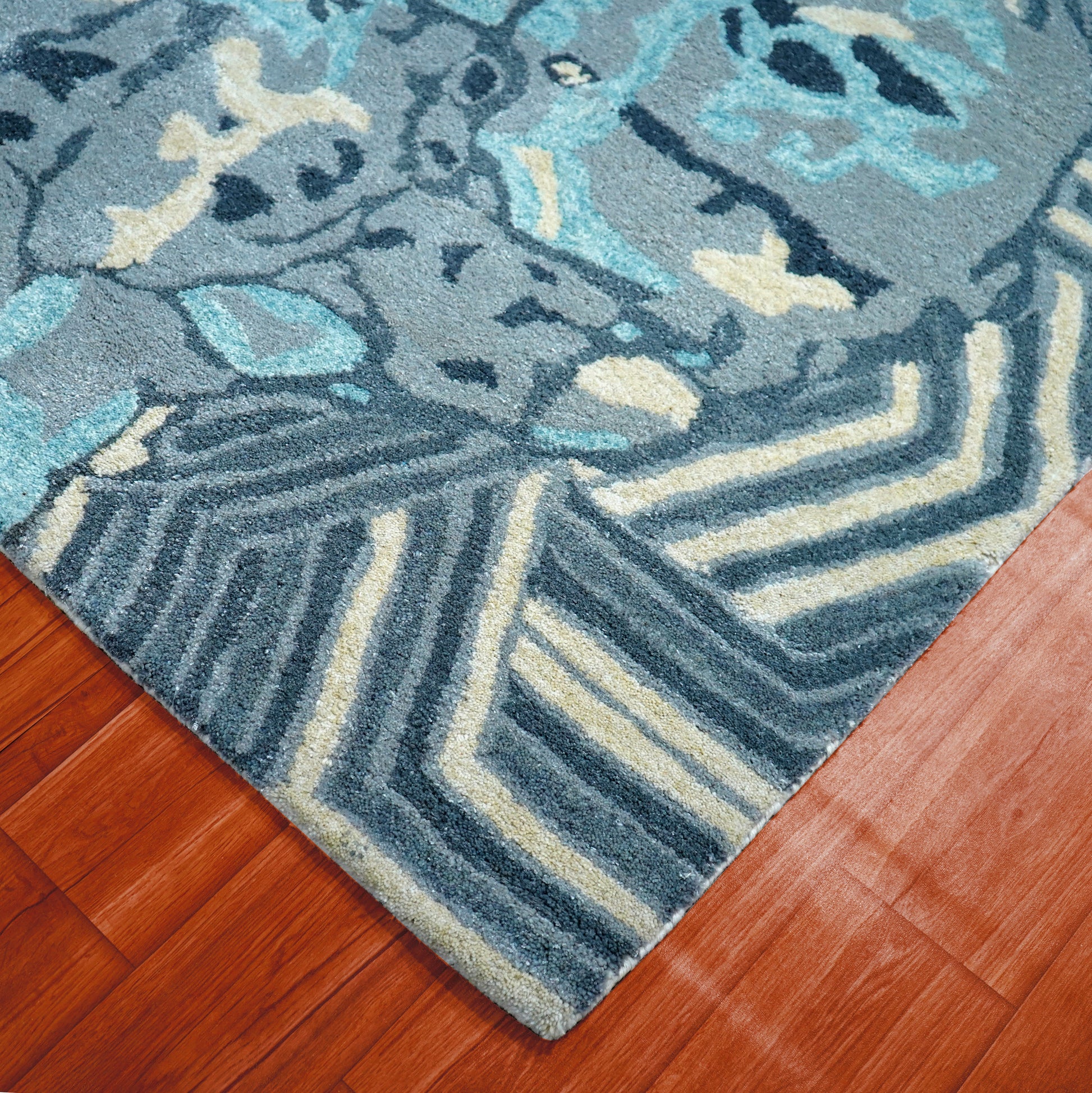Blue Teal Abstract Chevron Floral Hand Tufted Wool Area Rug - Cut Pile Contemporary Custom Sizes