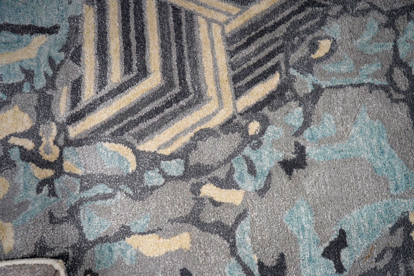 Blue Teal Abstract Chevron Floral Hand Tufted Wool Area Rug - Cut Pile Contemporary Custom Sizes