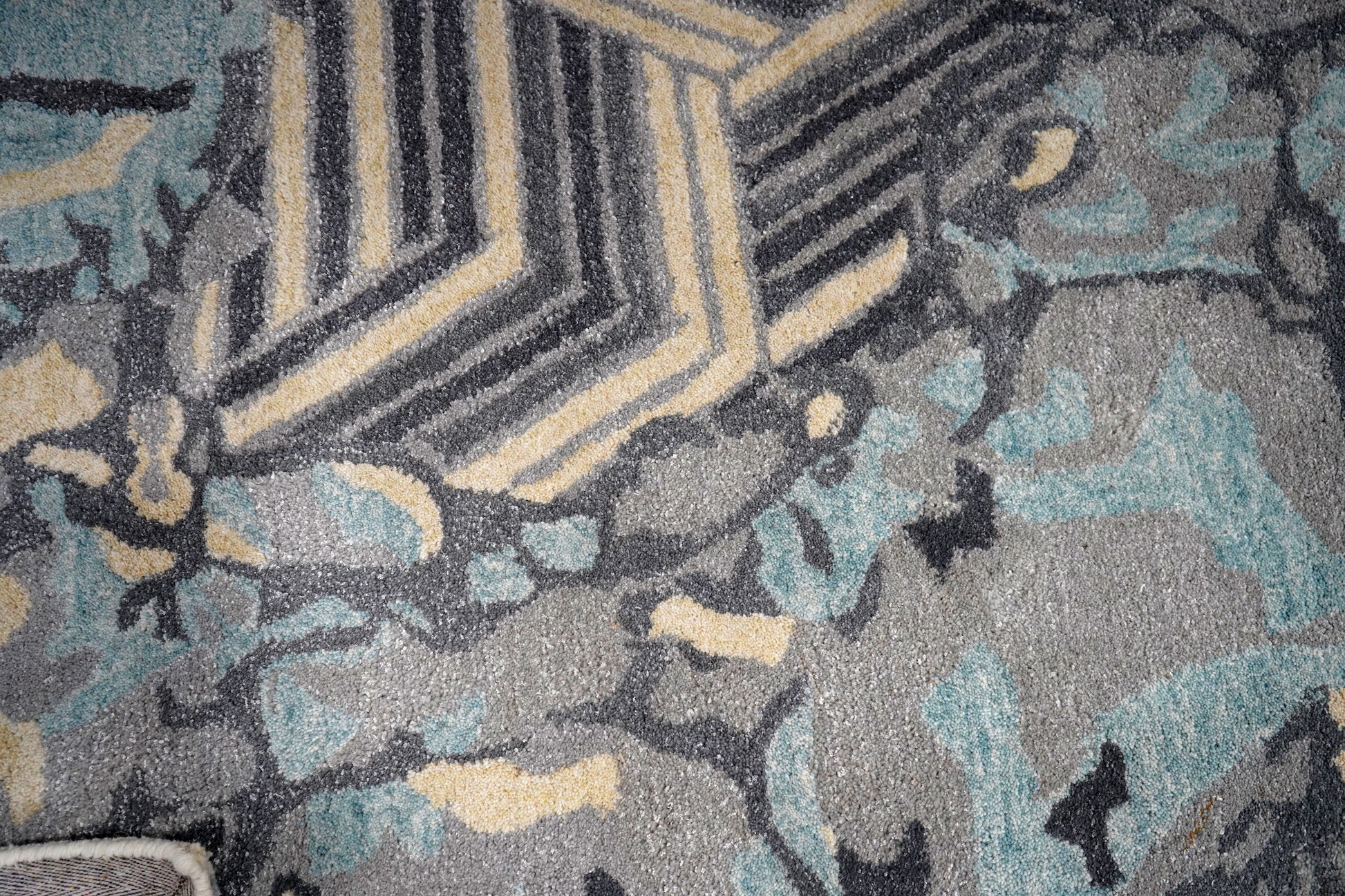 Blue Teal Abstract Chevron Floral Hand Tufted Wool Area Rug - Cut Pile Contemporary Custom Sizes