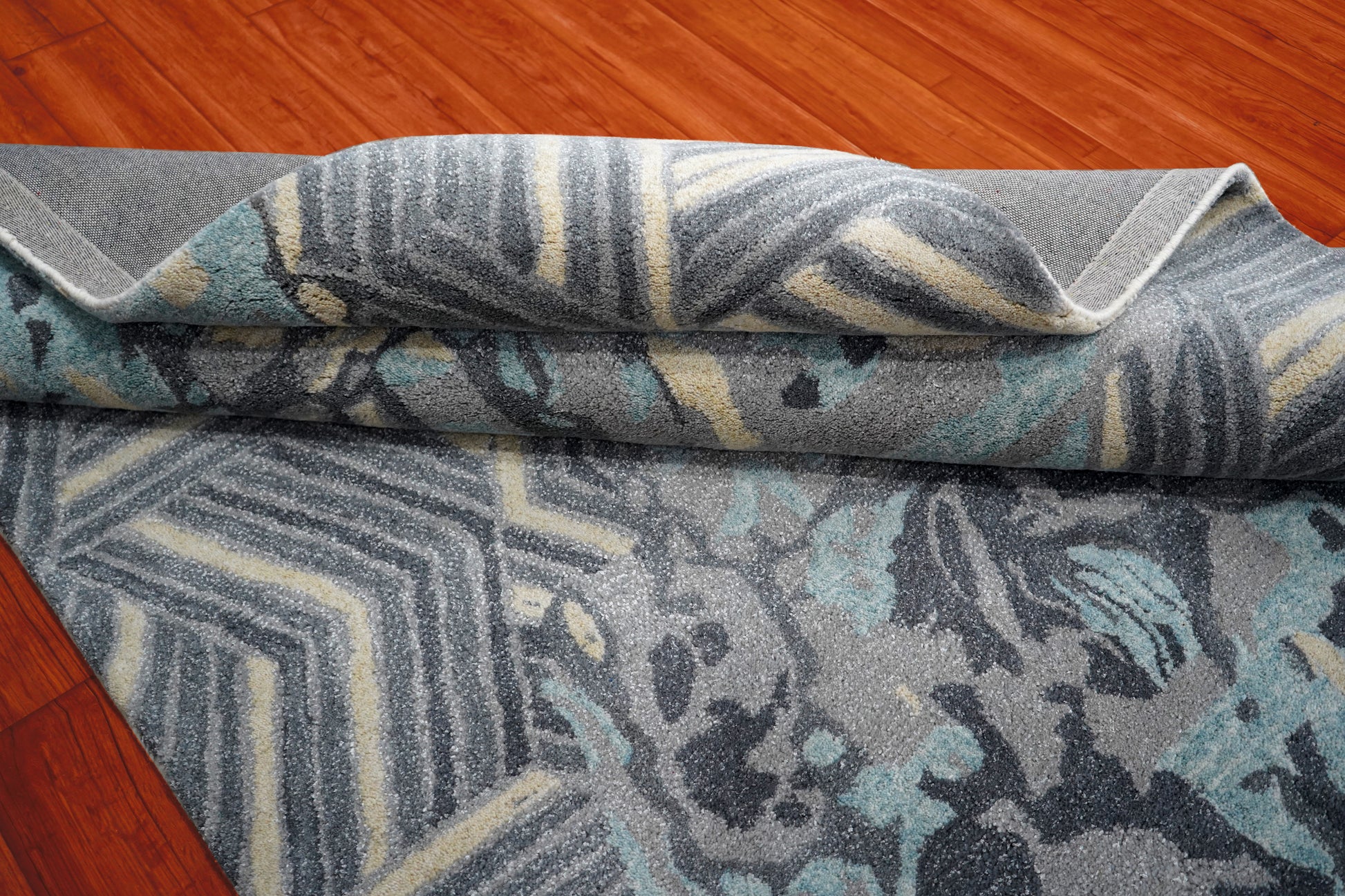 Blue Teal Abstract Chevron Floral Hand Tufted Wool Area Rug - Cut Pile Contemporary Custom Sizes