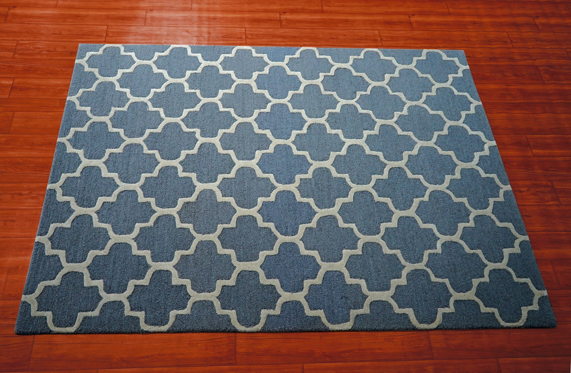 Blue Grey Moroccan Quatrefoil Trellis Hand Tufted Wool Area Rug - Cut Pile Geometric Custom Sizes