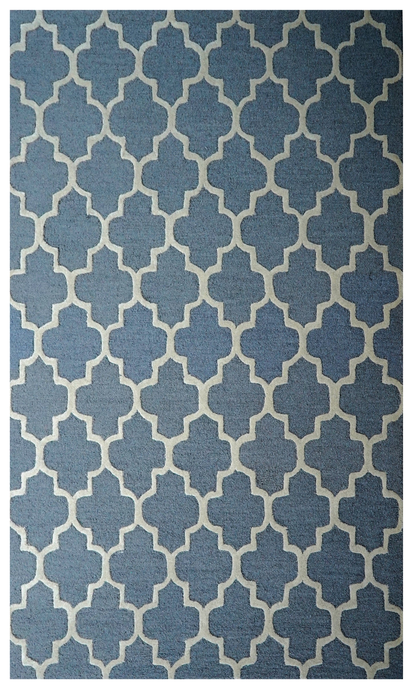 Blue Grey Moroccan Quatrefoil Trellis Hand Tufted Wool Area Rug - Cut Pile Geometric Custom Sizes