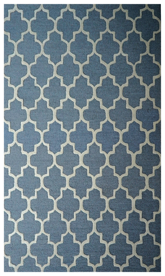 Blue Grey Moroccan Quatrefoil Trellis Hand Tufted Wool Area Rug - Cut Pile Geometric Custom Sizes