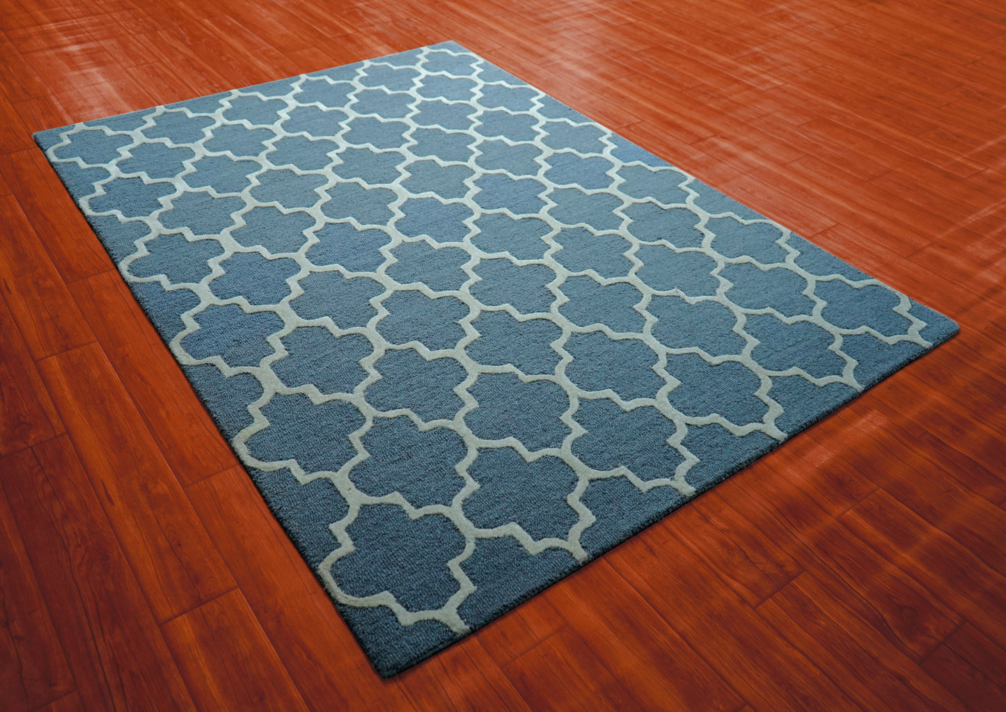 Blue Grey Moroccan Quatrefoil Trellis Hand Tufted Wool Area Rug - Cut Pile Geometric Custom Sizes