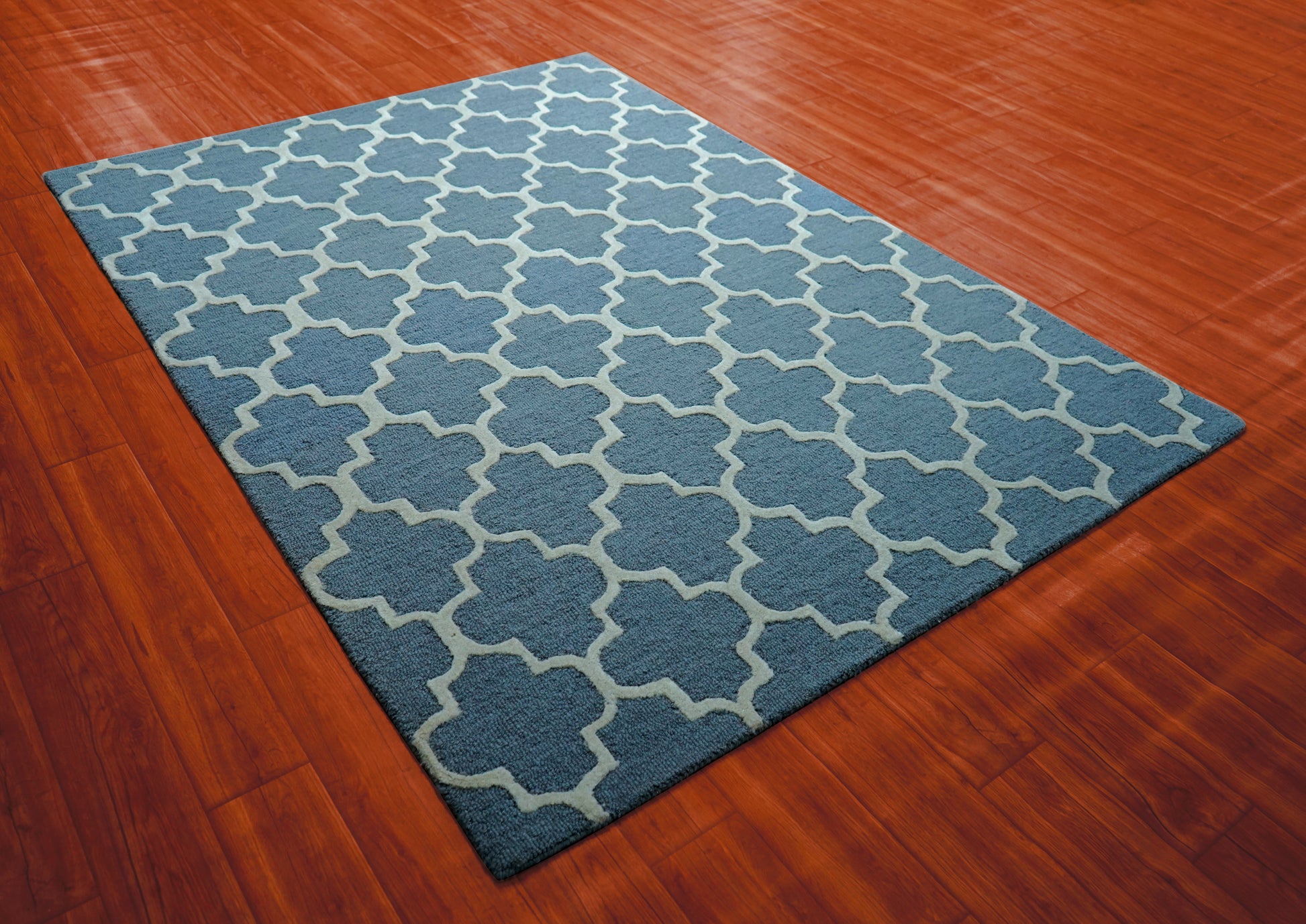 Blue Grey Moroccan Quatrefoil Trellis Hand Tufted Wool Area Rug - Cut Pile Geometric Custom Sizes