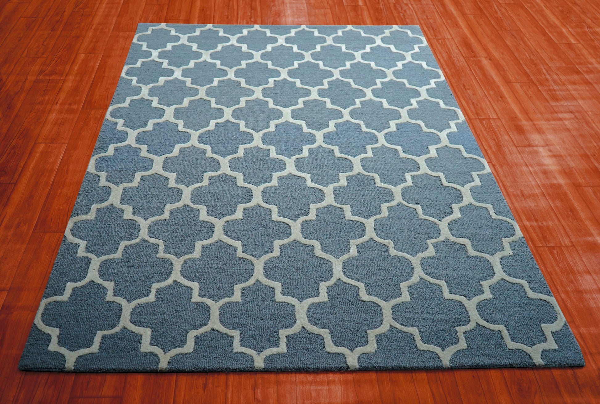 Blue Grey Moroccan Quatrefoil Trellis Hand Tufted Wool Area Rug - Cut Pile Geometric Custom Sizes