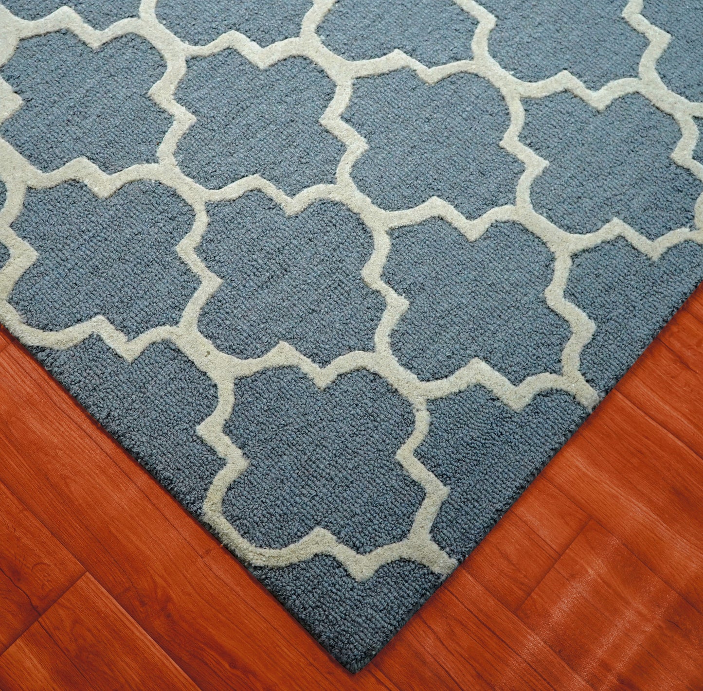 Blue Grey Moroccan Quatrefoil Trellis Hand Tufted Wool Area Rug - Cut Pile Geometric Custom Sizes
