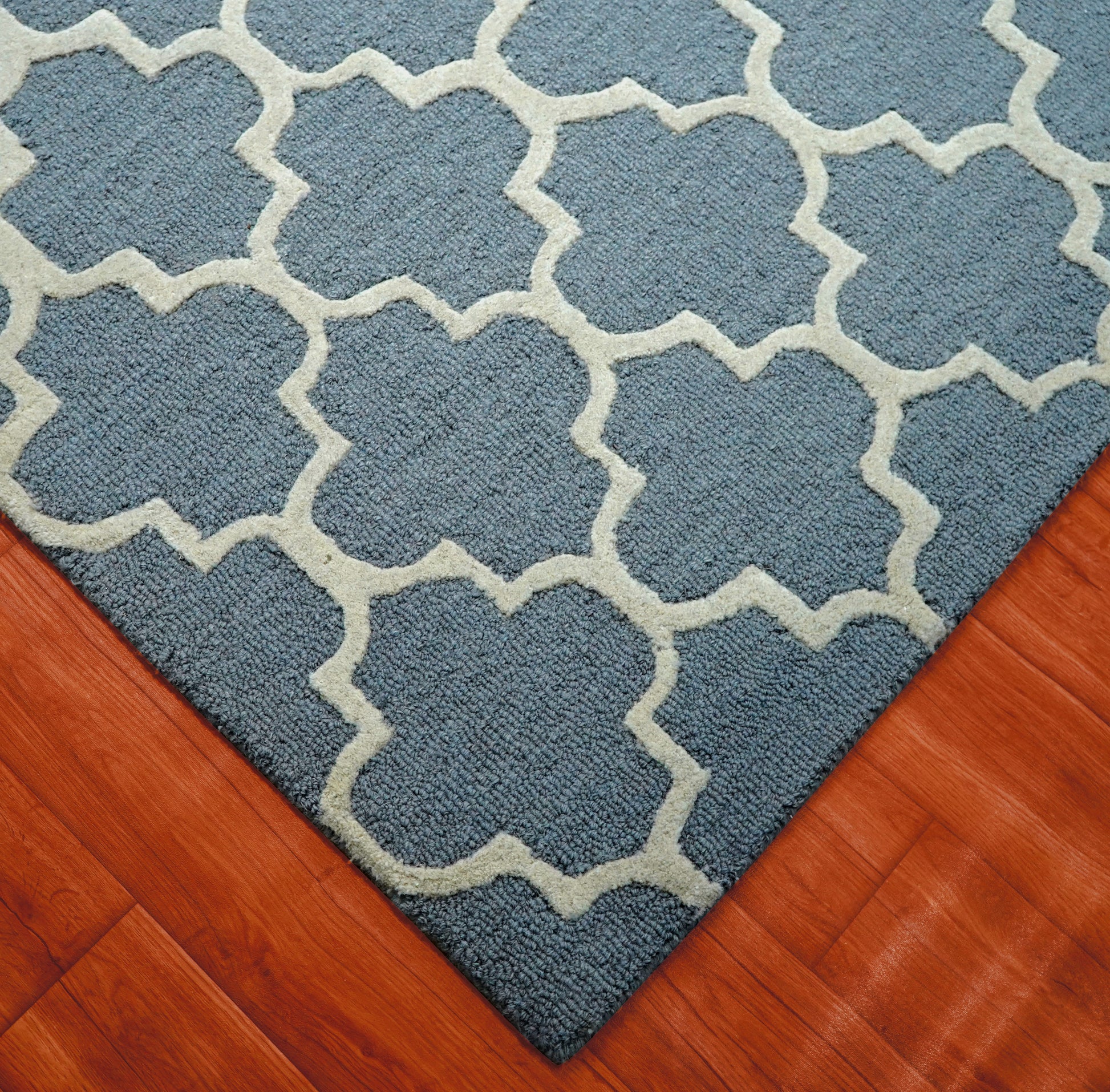 Blue Grey Moroccan Quatrefoil Trellis Hand Tufted Wool Area Rug - Cut Pile Geometric Custom Sizes