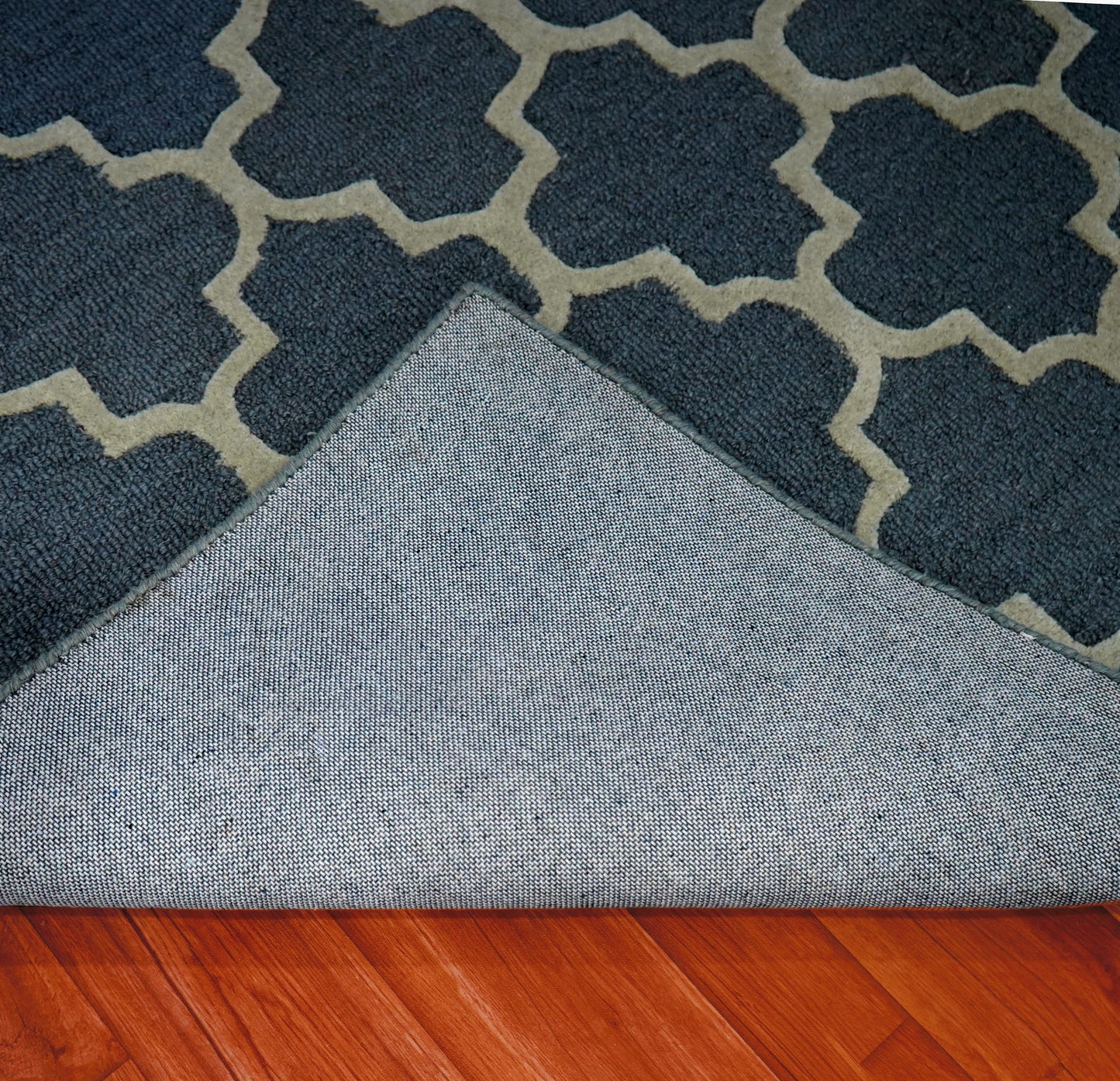 Blue Grey Moroccan Quatrefoil Trellis Hand Tufted Wool Area Rug - Cut Pile Geometric Custom Sizes