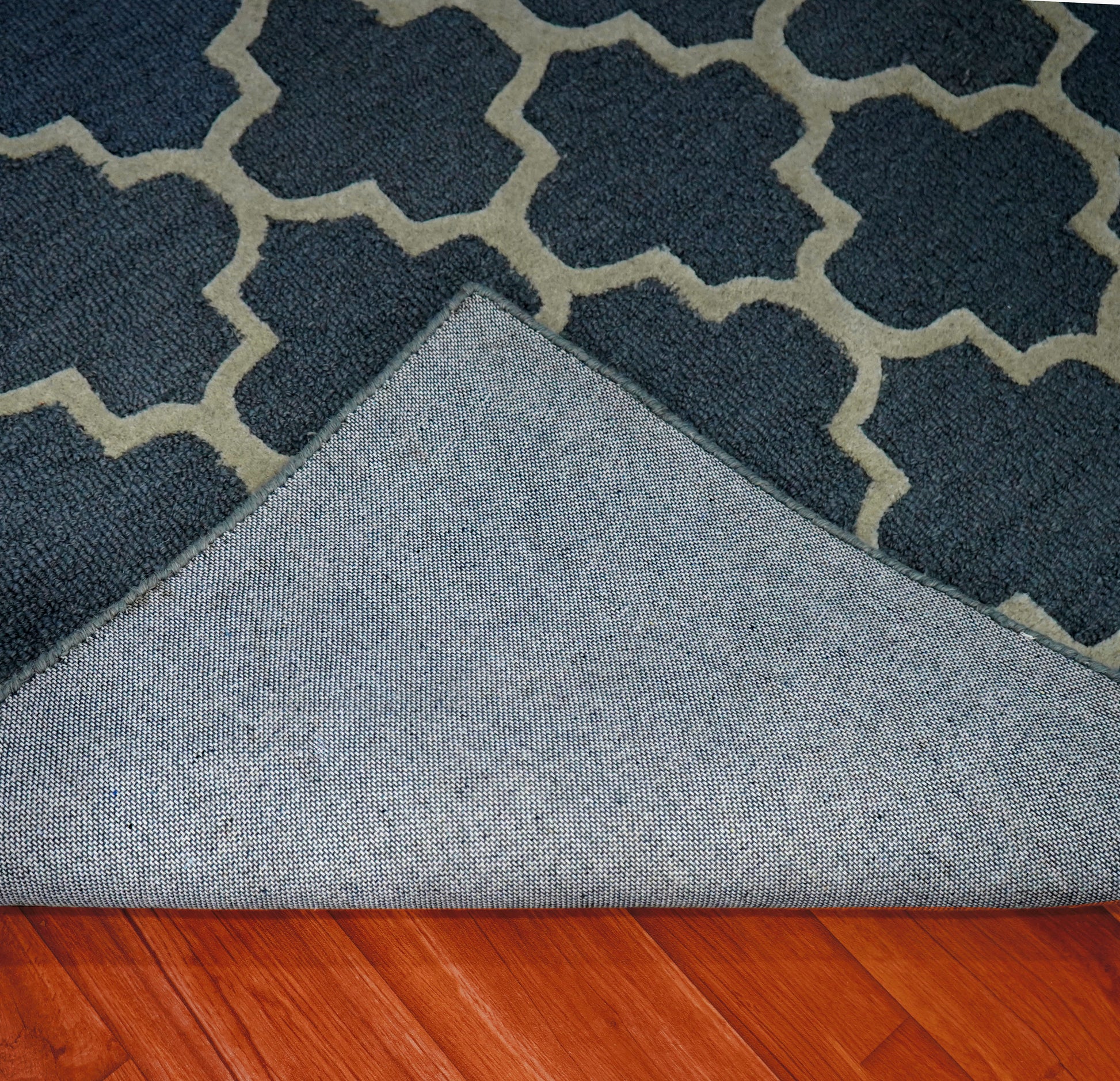 Blue Grey Moroccan Quatrefoil Trellis Hand Tufted Wool Area Rug - Cut Pile Geometric Custom Sizes