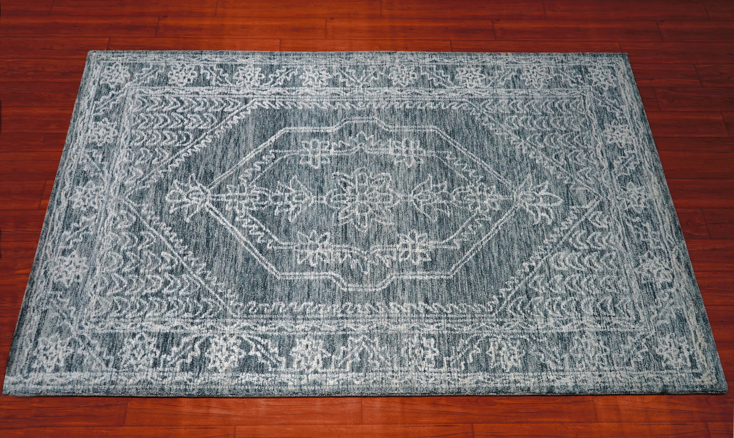 Teal Grey Vintage Distressed Medallion Border Hand Tufted Wool Area Rug - Cut Pile Traditional Custom Sizes