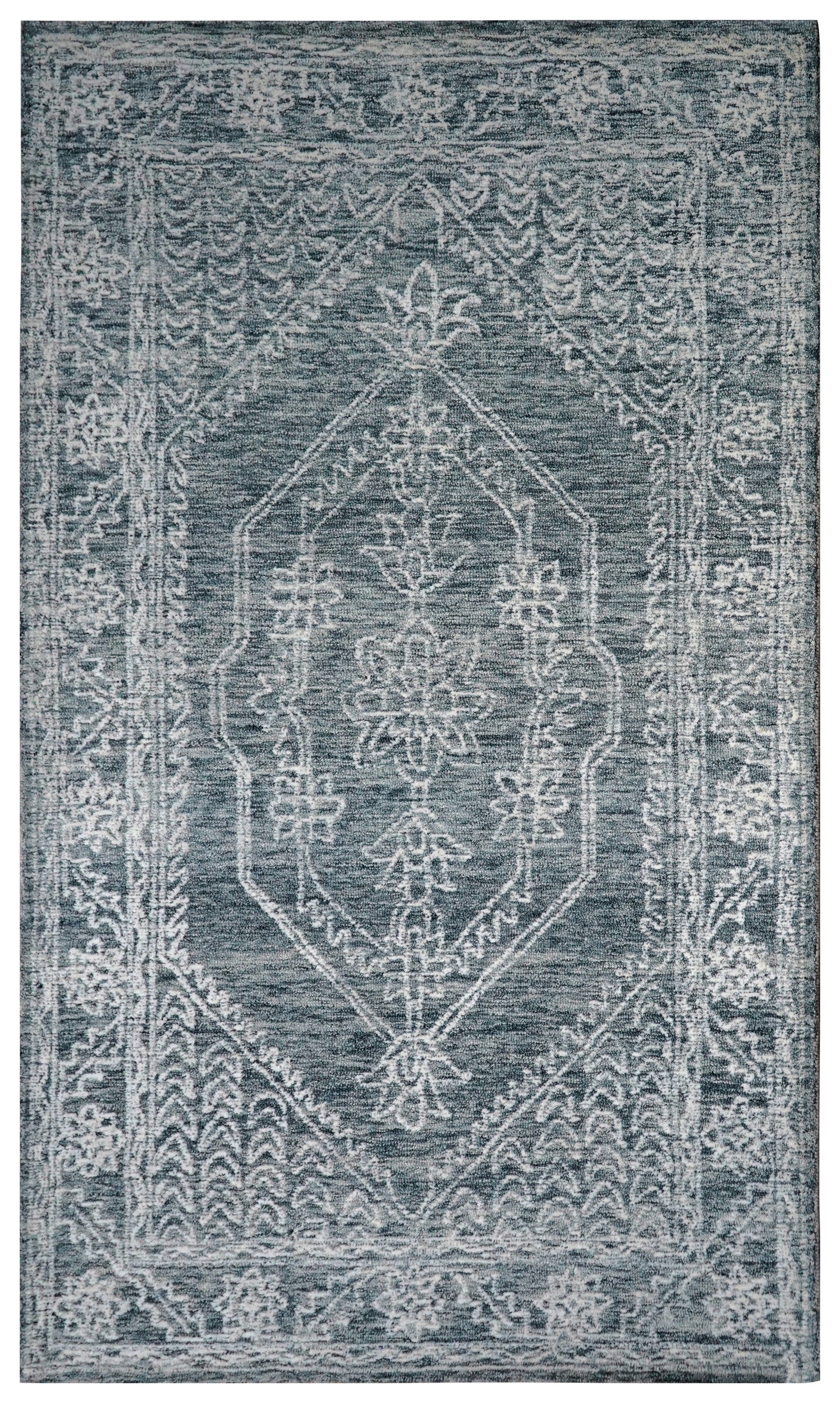 Teal Grey Vintage Distressed Medallion Border Hand Tufted Wool Area Rug - Cut Pile Traditional Custom Sizes