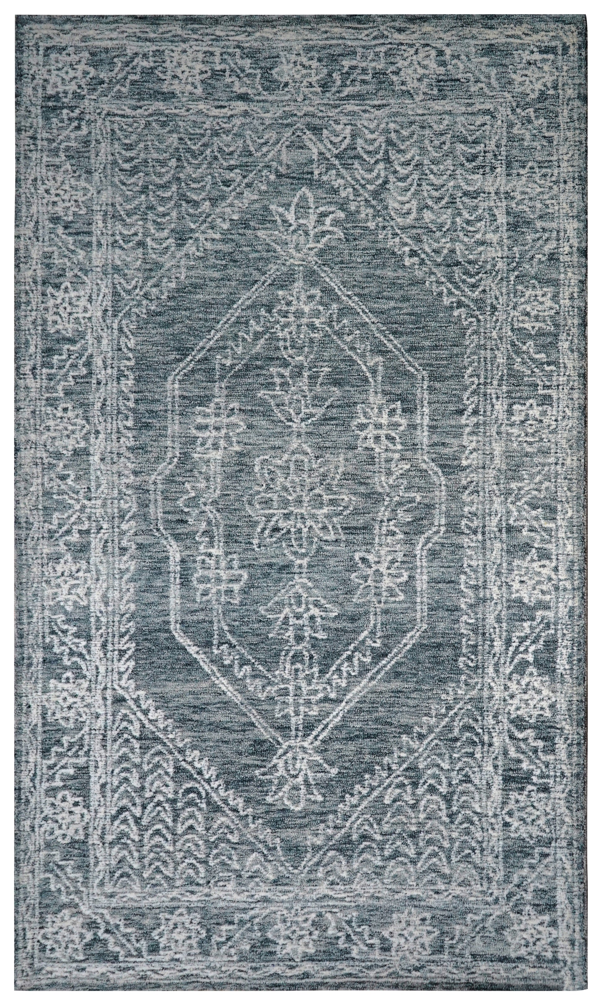 Teal Grey Vintage Distressed Medallion Border Hand Tufted Wool Area Rug - Cut Pile Traditional Custom Sizes
