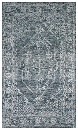 Teal Grey Vintage Distressed Medallion Border Hand Tufted Wool Area Rug - Cut Pile Traditional Custom Sizes